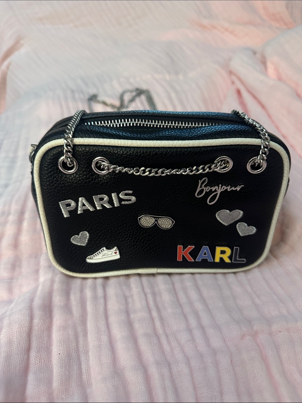 Karl Lagerfeld Black Crossbody Bag with White Trim and Colorful KARL Logo